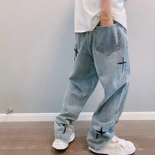 Fashion New Style Street Jeans Personalized Embroidered Baggy Men Wide Leg Cargo Pants Hip Hop Rock Korean Casual Denim Trousers