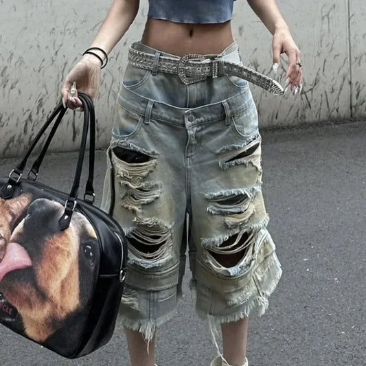 Baggy Denim Shorts Female Gothic Harajuku Popular Casual Joker High Waist