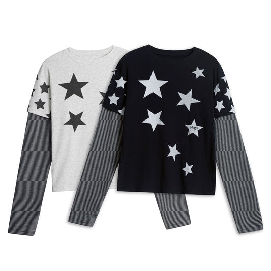 American Retro Y2K Star-Print Mock Two-Piece Long-Sleeve Top