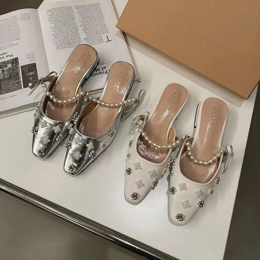 2026 New Arrival Elegant Lady Style Pearl Low Heel Mules, Fashion Women's Sandals