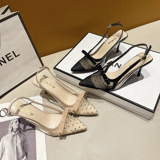 2026 New Arrival Closed-Toe Heels For Women, Summer Open-Wear Pointed-Toe Stiletto Sandals With Bowknot & Tulle, Sexy Single Pumps