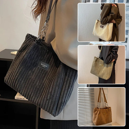 Casual Simple Portable Shopper Tote Bag Corduroy Solid