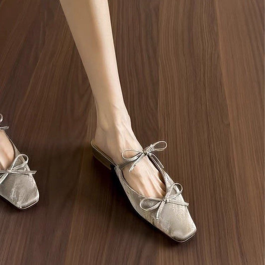 2026 New Women's Bowknot Closed Toe Mule Slippers Elegant Chunky Heel One-Step Slip On Sandals