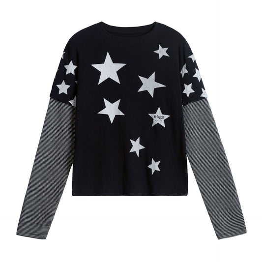 American Retro Y2K Star-Print Mock Two-Piece Long-Sleeve Top