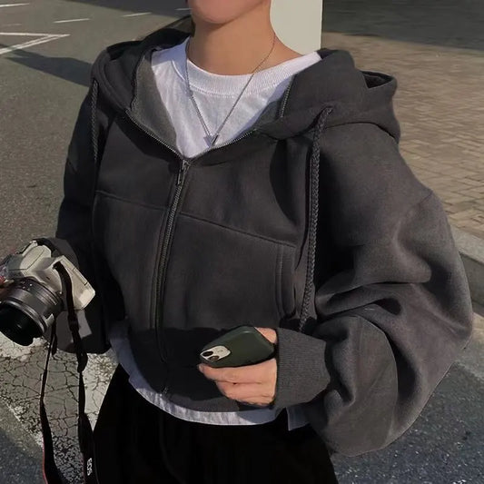 2024 Spring Autumn New Insfleece-lined Versatile Cropped Slims Smooths Silhouette Zip-up Warm Navy Blue Hooded Sweatshirt Women