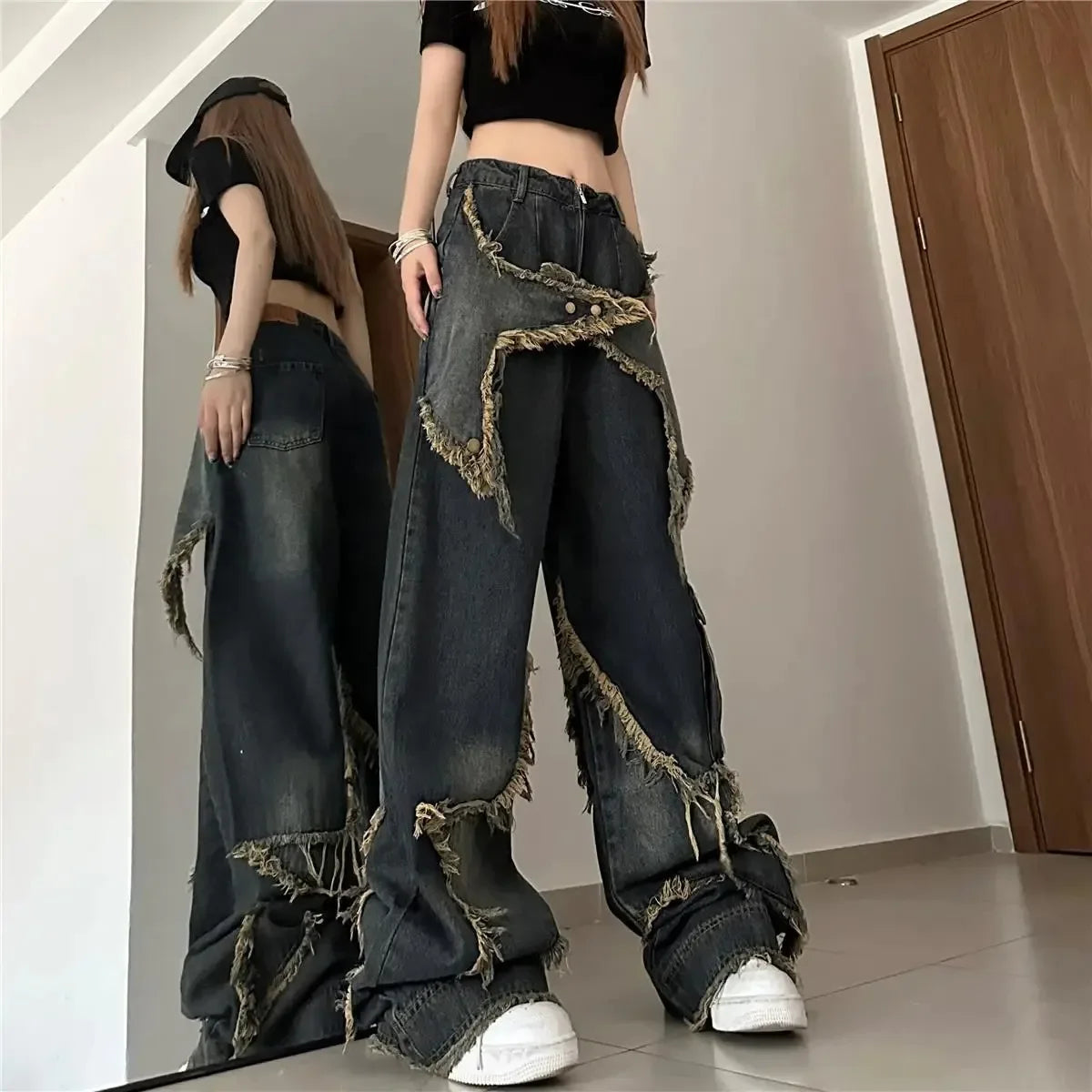 Baggy Jeans for Women Autumn/winter European and American Vintage Design Empty Star Appliqué and Faded Straight-leg Trousers