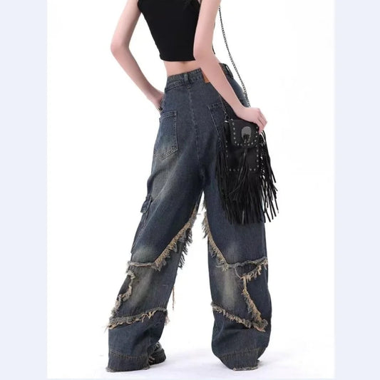 Baggy Jeans for Women Autumn/winter European and American Vintage Design Empty Star Appliqué and Faded Straight-leg Trousers