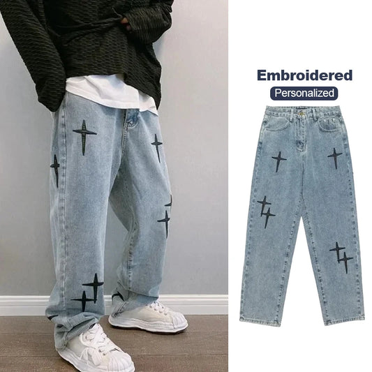 Fashion New Style Street Jeans Personalized Embroidered Baggy Men Wide Leg Cargo Pants Hip Hop Rock Korean Casual Denim Trousers