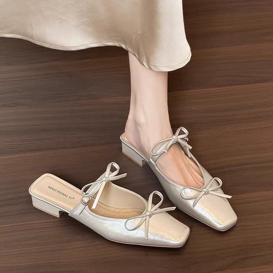 2026 New Women's Bowknot Closed Toe Mule Slippers Elegant Chunky Heel One-Step Slip On Sandals