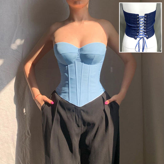 Denim Tube Vest Top With Back-tied Design INS Fashion Crop Corset Tank